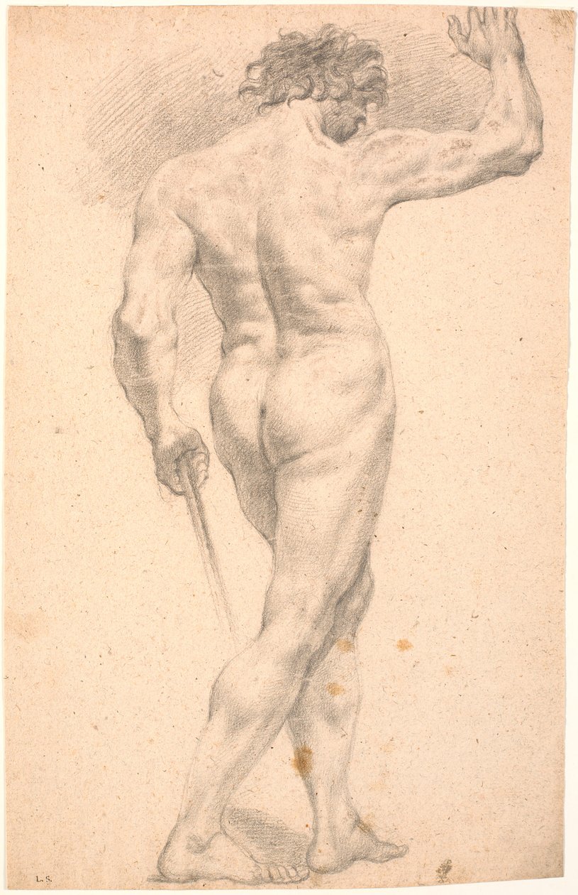 Ayakta duran erkek model, sağ eli kaldırılmış, arkadan bakıldığında by Heinrich Dittmers