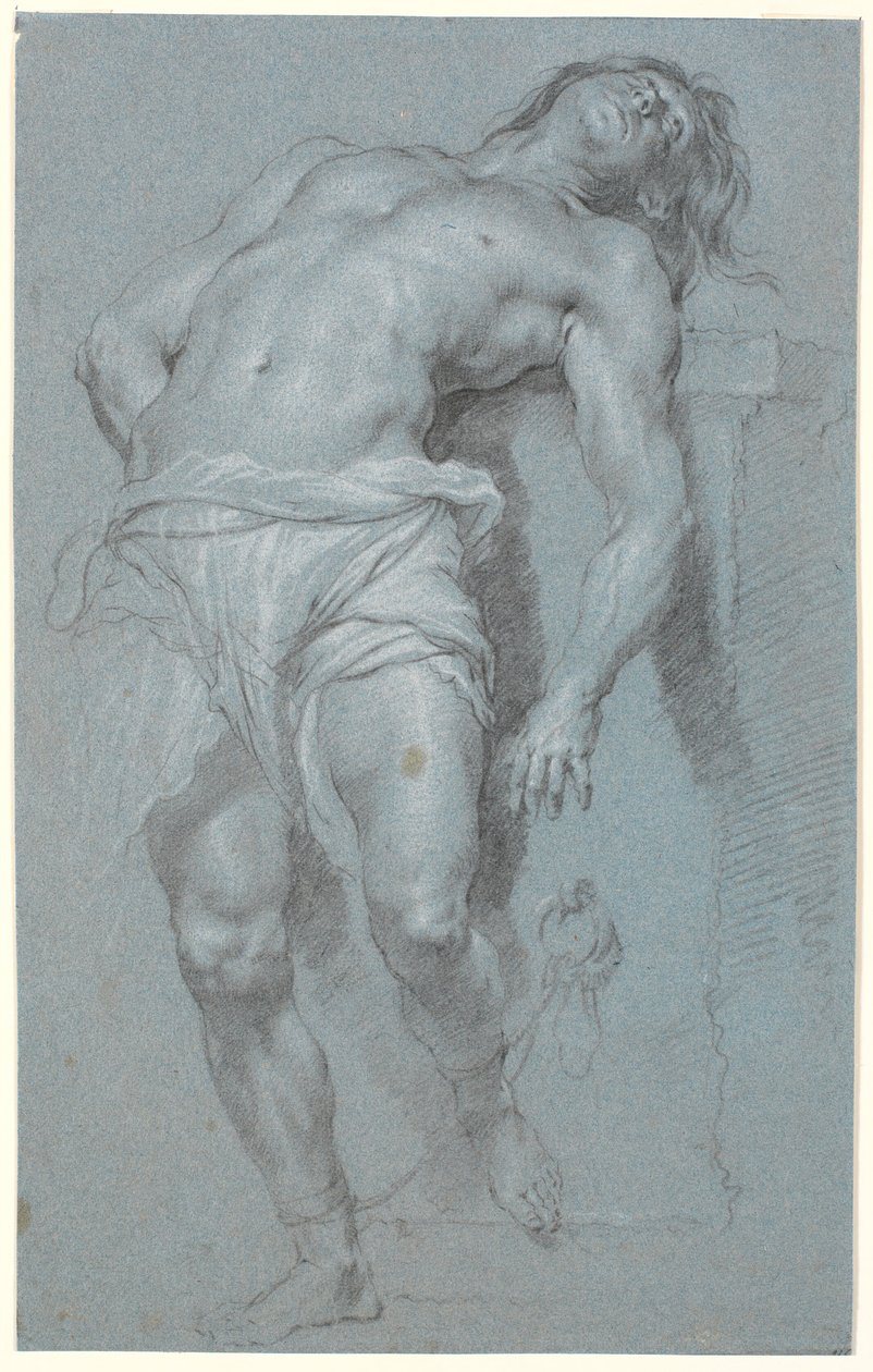 Uzanmış, ayakta duran erkek model, bir sunağa zincirlenmiş by Heinrich Dittmers