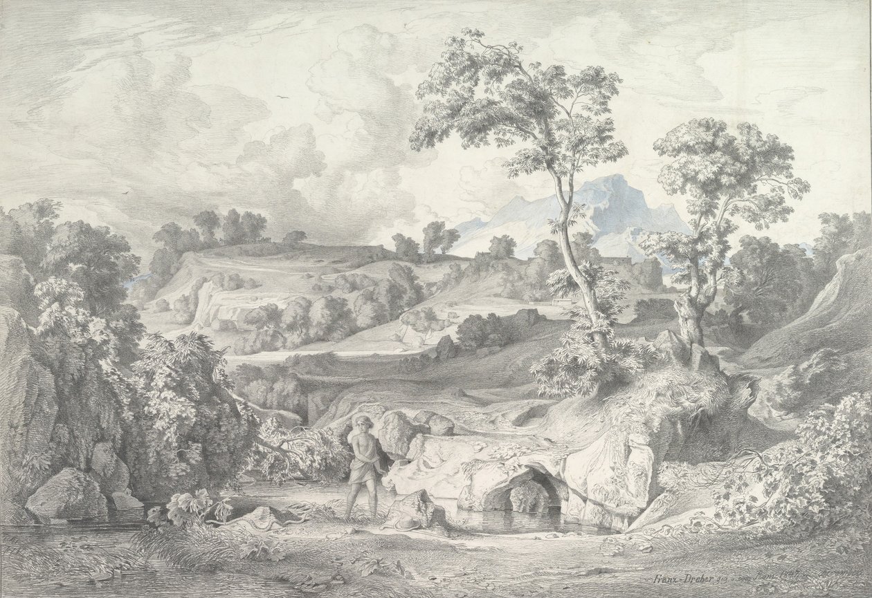Bir adam ve bir yılanla güney manzarası, 1847. by Heinrich Dreber