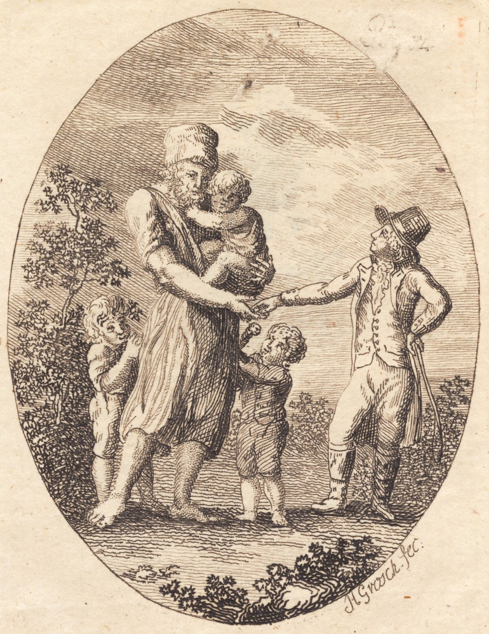 Bir beyefendi iki çocuklu bir adama bir kuruş verir. by Heinrich Grosch