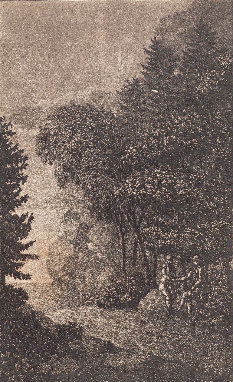 Kayalar ve büyük ağaçlar ile manzara, t.h. iki adam by Heinrich Grosch