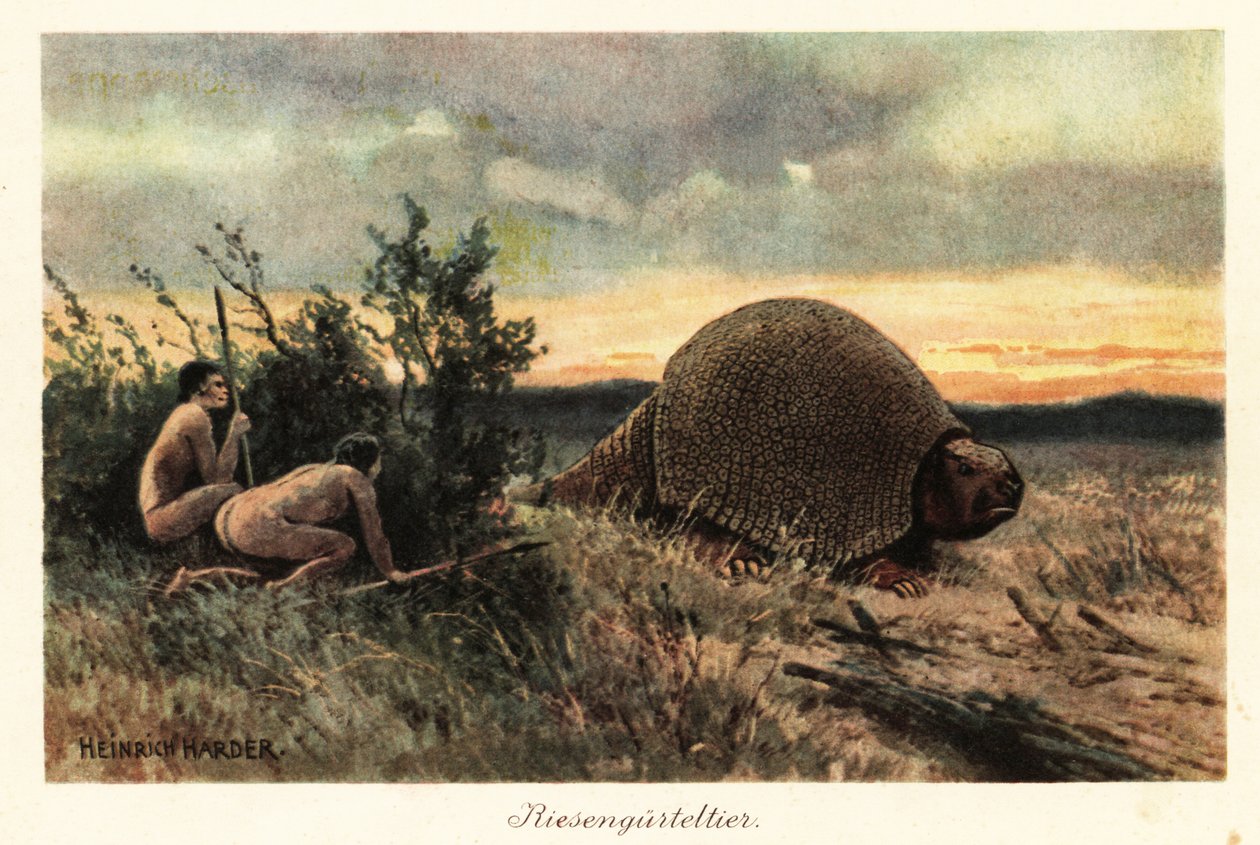 Mızraklı ilkel adamlar bir gliptodon avlıyorlar. by Heinrich Harder