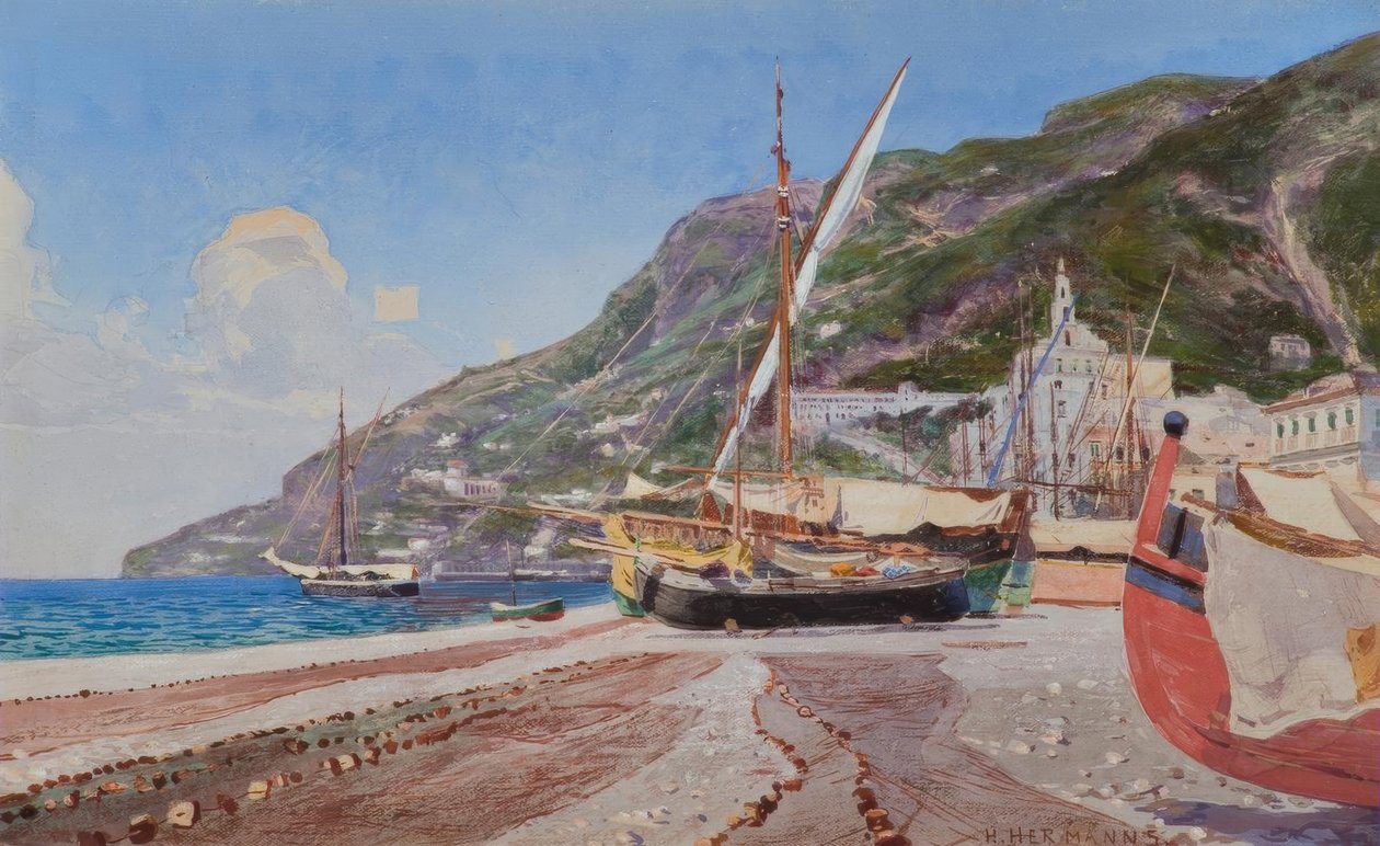 Amalfi, sahilde balıkçı tekneleri / H.Hermanns tarafından suluboya by Heinrich Hermanns