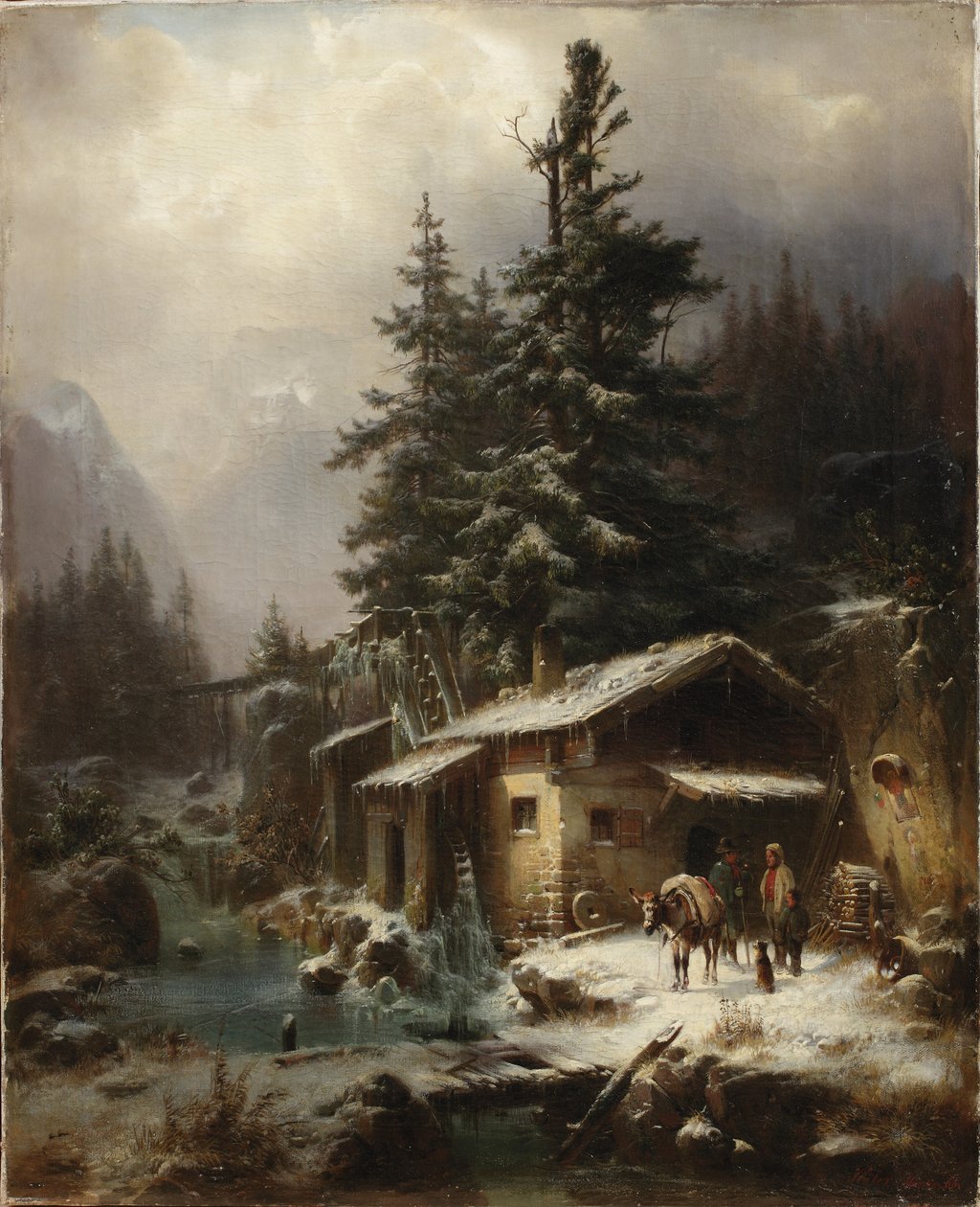 Bir su değirmeni yakınında oturan figürlerle kış manzarası, 1866 by Heinrich Hofer