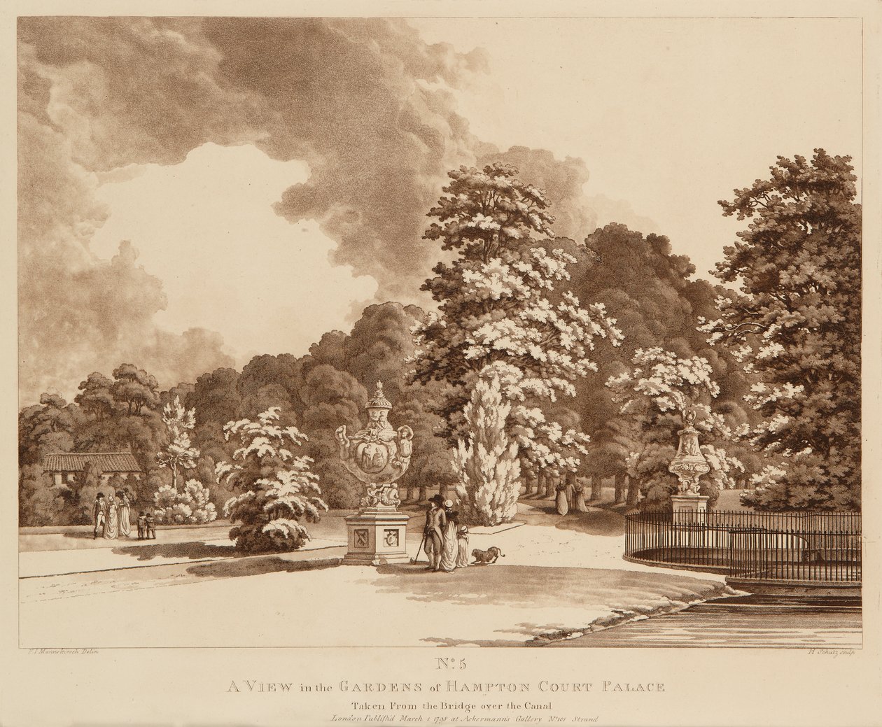 Hampton Court Sarayı'ndaki Bahçelerin Görünümü (gravür ve aquatint) by Heinrich Joseph Schuz
