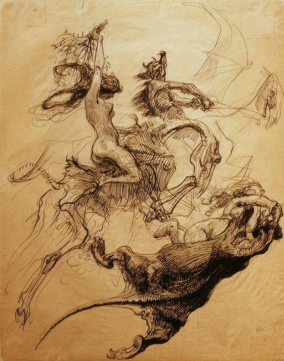 İskelet üzerinde çıplak kadın ve pterodactyl sürme şeytan by Heinrich Kley