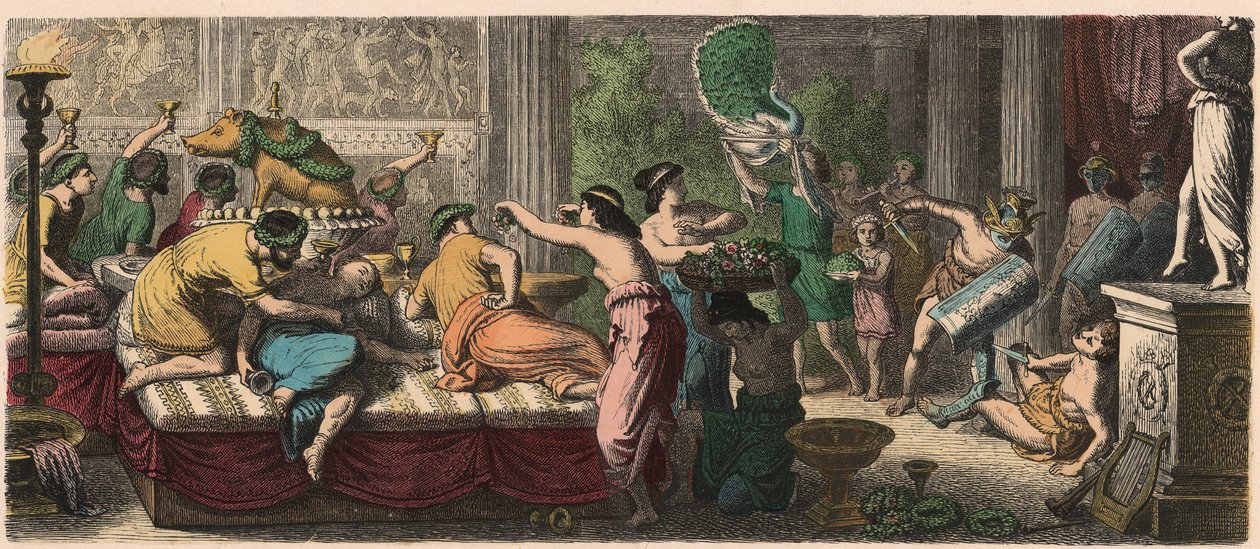 Antik Roma: Gladyatörlerin performansıyla bir ziyafet by Heinrich Leutemann