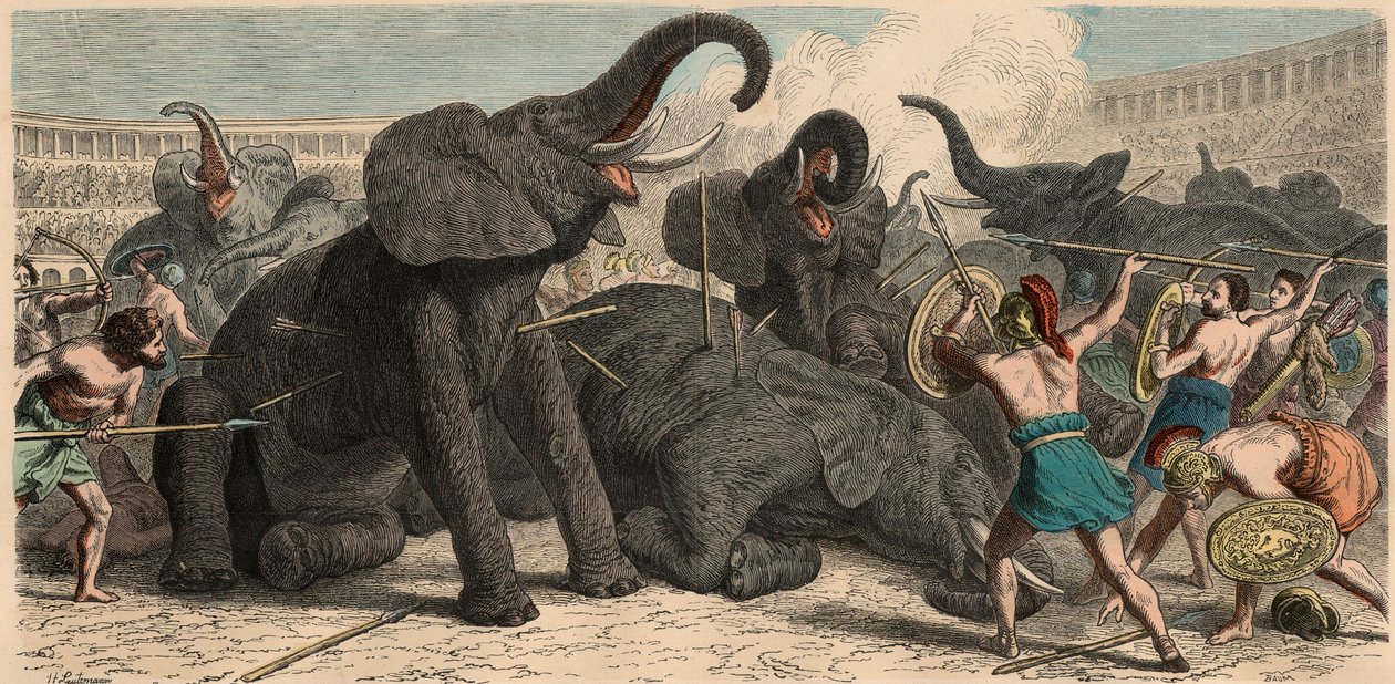 Antik Roma: Filler amfi tiyatroda katlediliyor, 1866 by Heinrich Leutemann