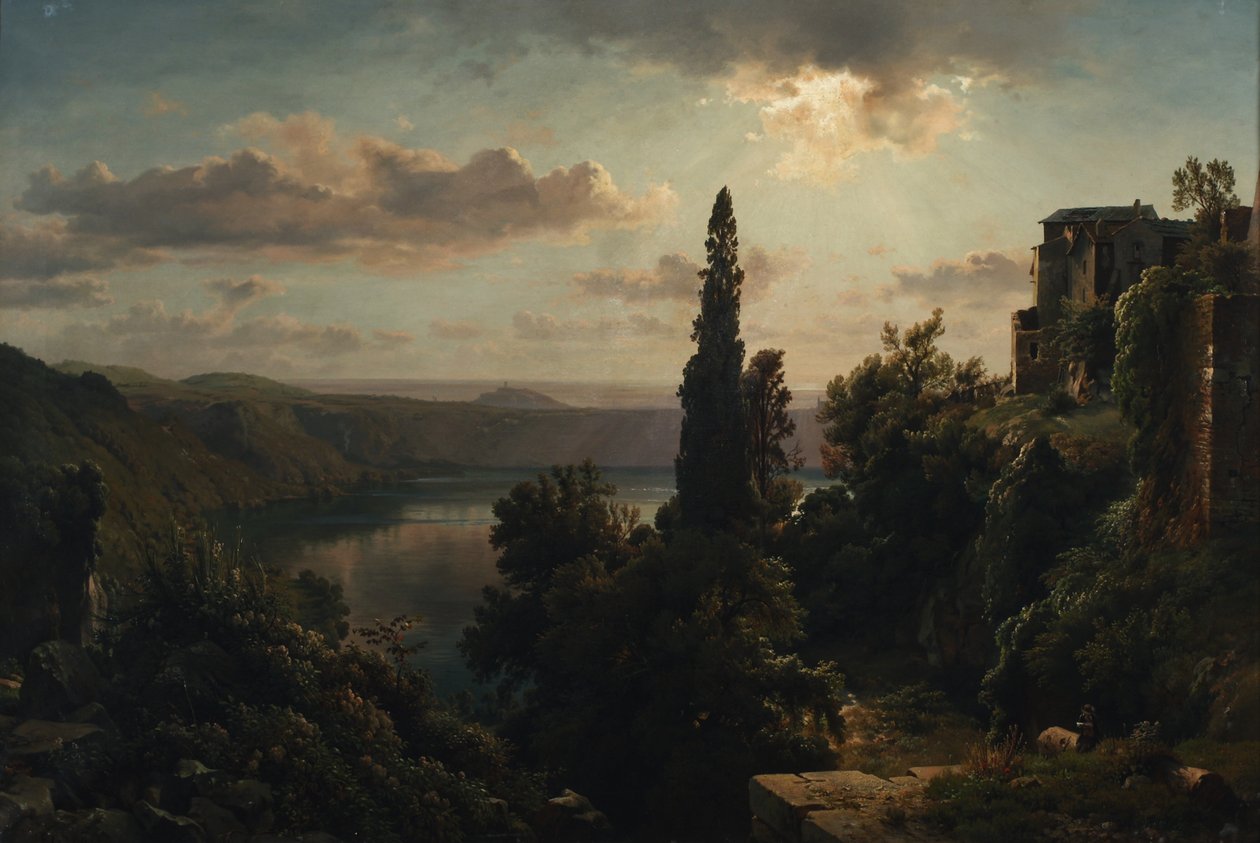 Roma yakınlarındaki Alban Tepeleri'ndeki Nemi Gölü'nün görünümü by Heinrich Louis Theodor Gurlitt