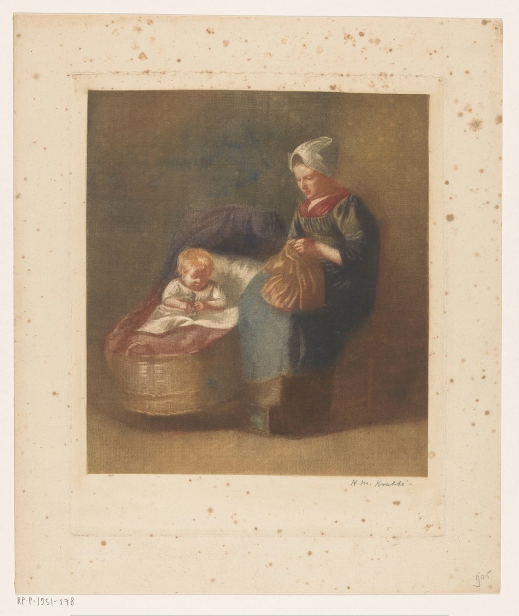 Bir çocuk bir beşik yanında el sanatları kadın by Heinrich M. Krabbé (signed by artist)