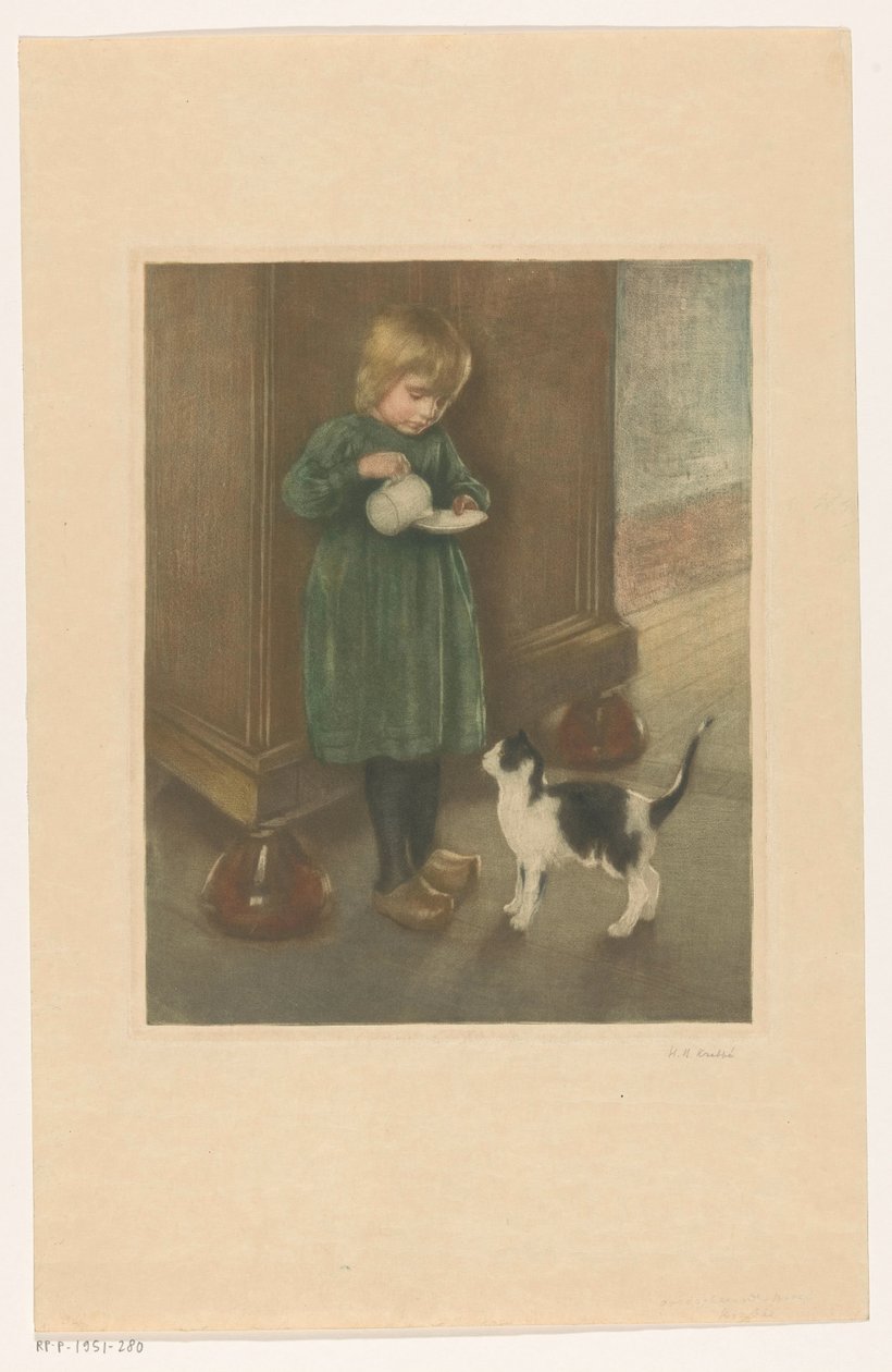 kedi besleyen kız by Heinrich M. Krabbé (signed by artist)