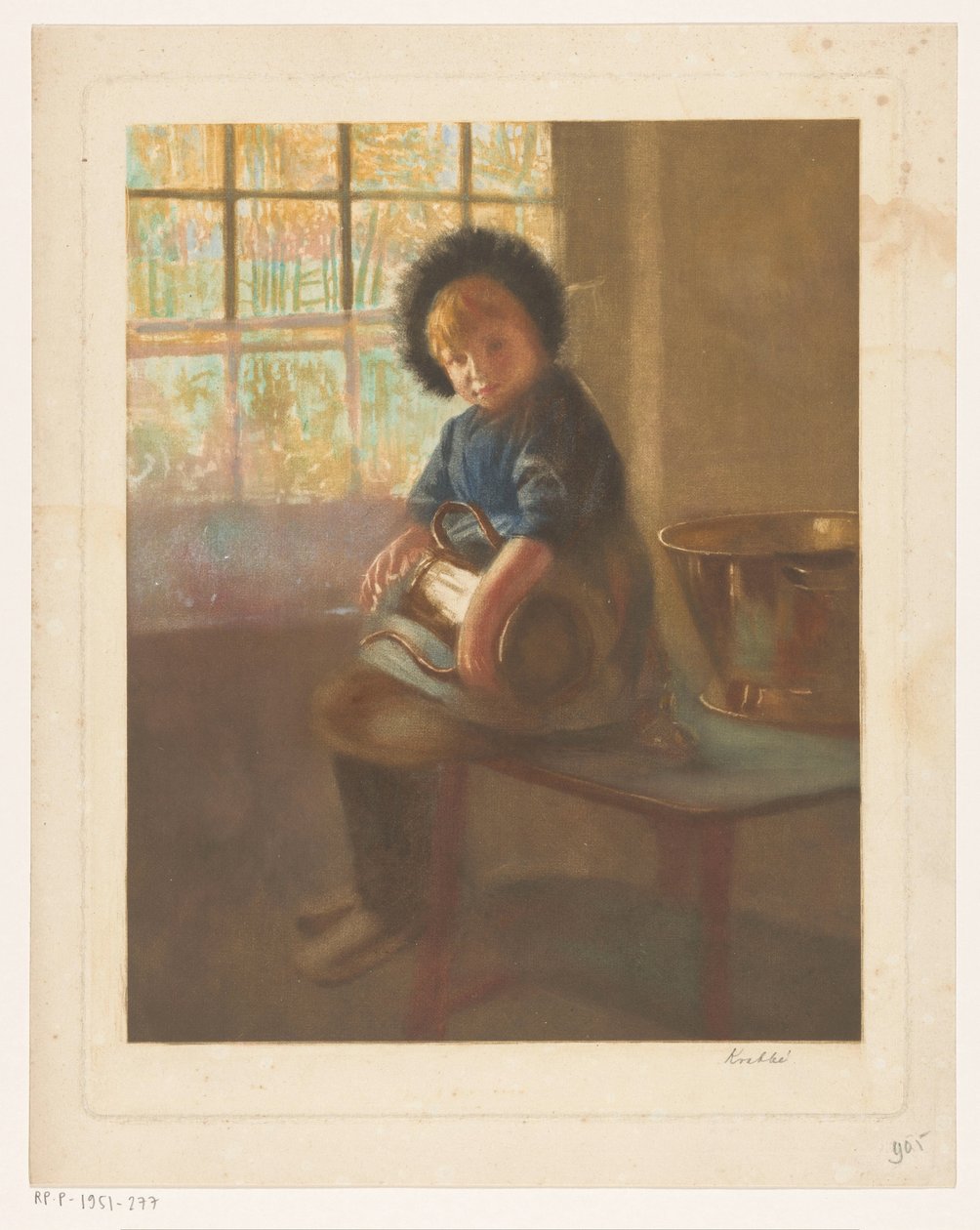 Bakır bir tencereyi cilalayan kız by Heinrich M. Krabbé (signed by artist)