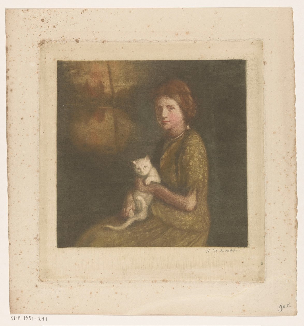 Kucağında kedi olan kız by Heinrich M. Krabbé (signed by artist)