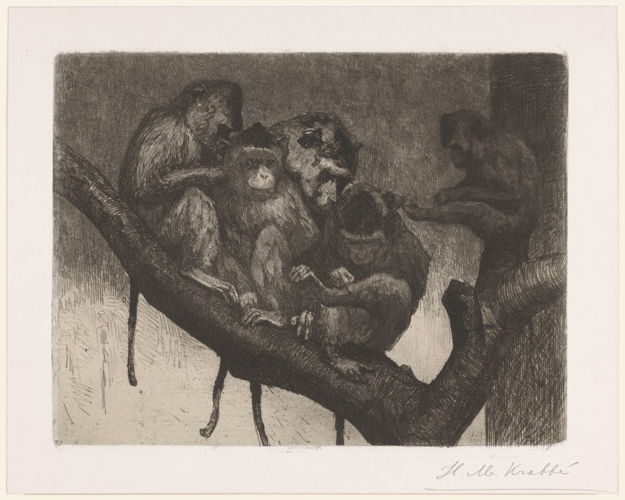 Bir ağaçta beş maymun by Heinrich M. Krabbé (signed by artist)