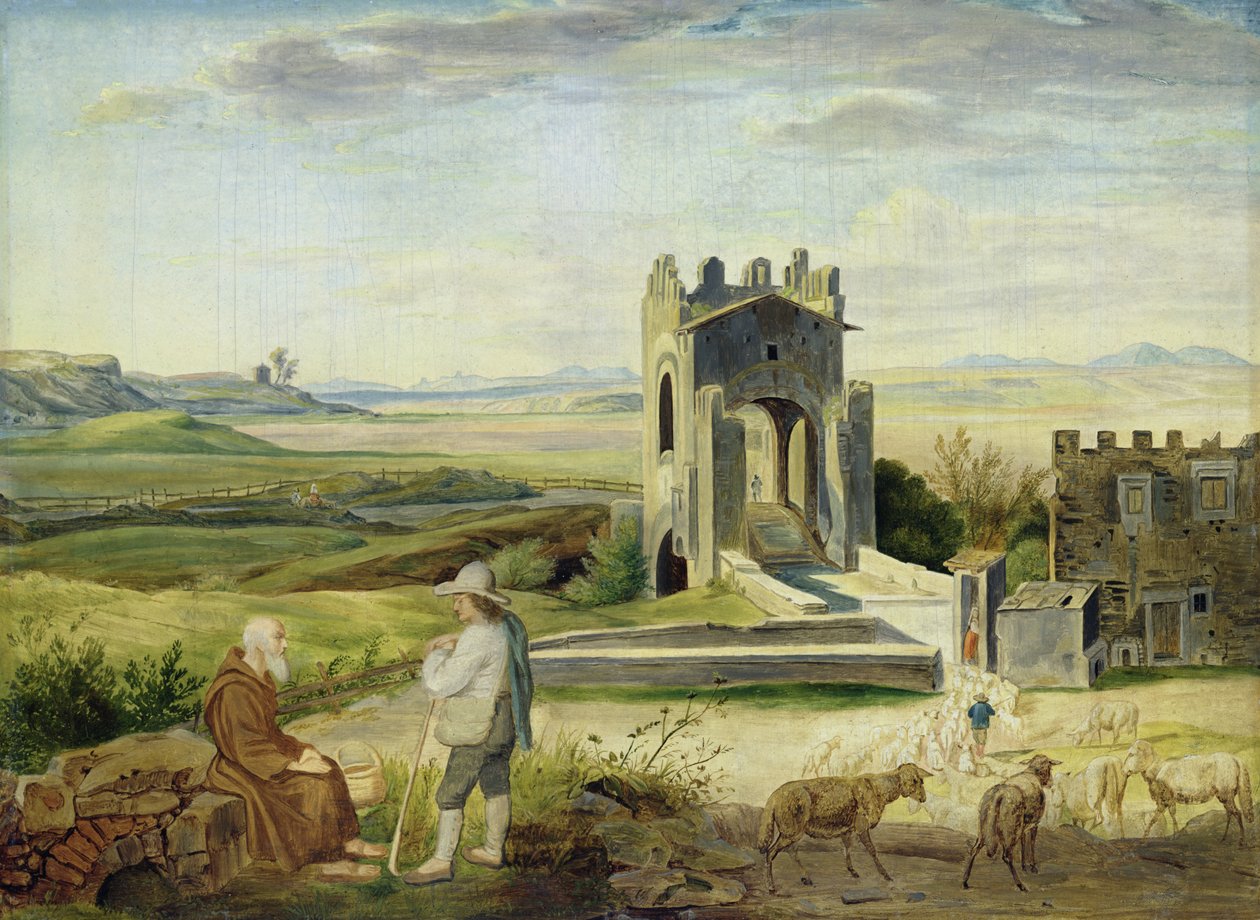 Nomentano Köprüsü yakınında Campagna Manzarası (karton üzerine serilmiş kağıt üzerine yağ) by Heinrich Maria von Hess