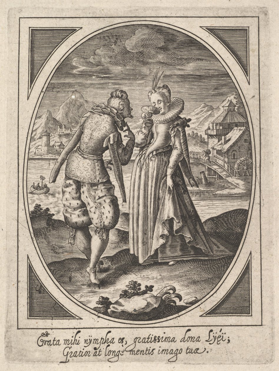 Bir adam ağzına bir kadeh, bir su değirmeni ve binek tutan bir kadına doğru adım atar..., yakl. 1585-1621. by Heinrich Ulrich