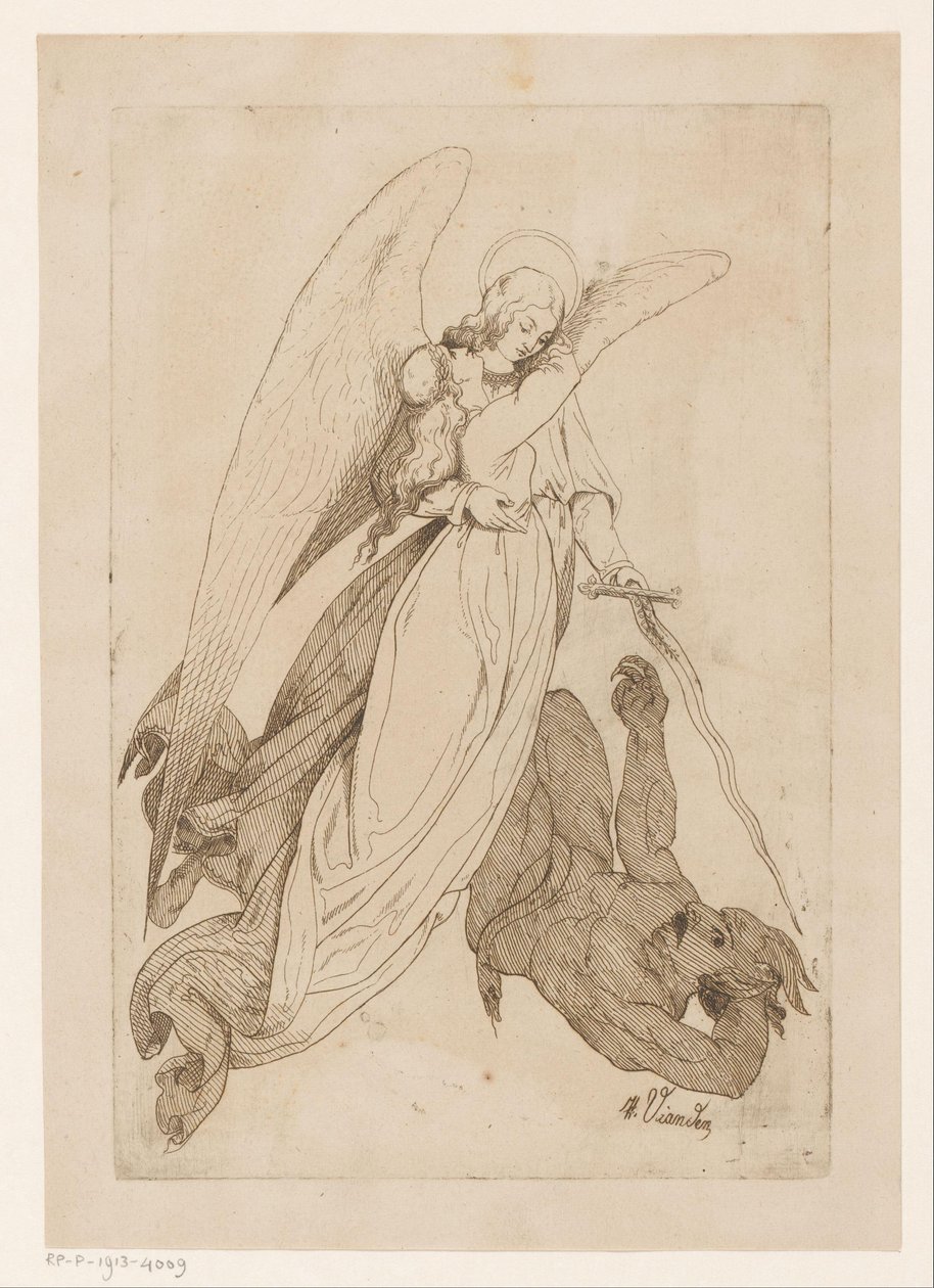 Angel bir kadın azizi kaldırır ve bir iblisi yener by Heinrich Vianden
