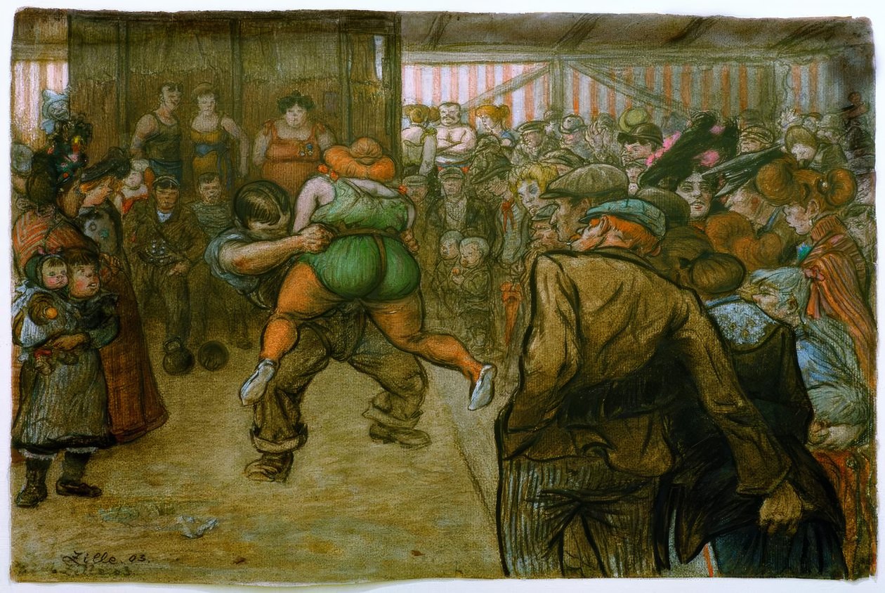 Gösteri kabininde güreş maçı by Heinrich Zille