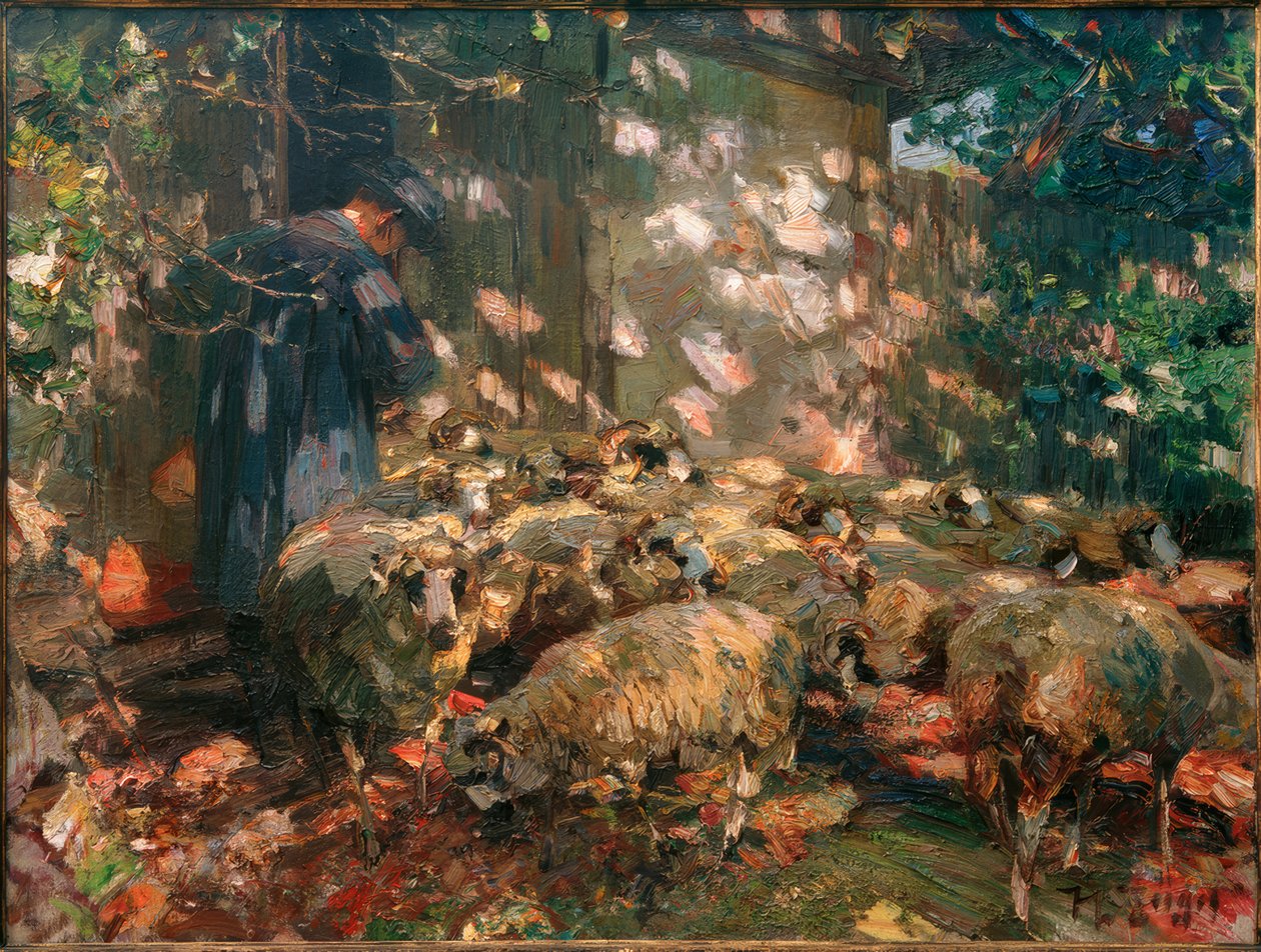 Ahırın önünde koyunlu çoban by Heinrich von Zügel