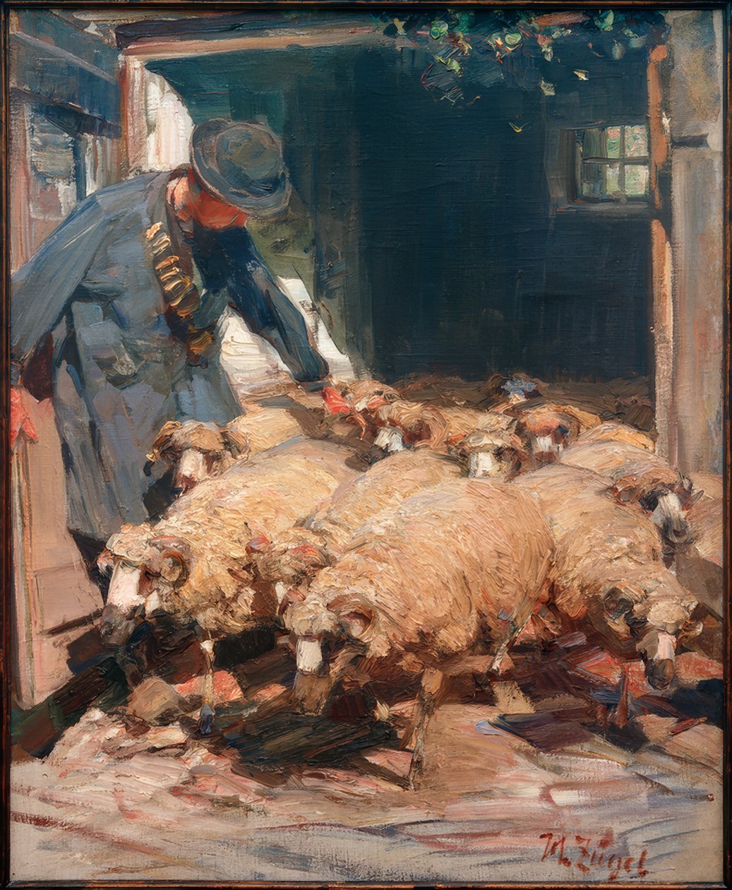 Çoban koyunları ahırdan çıkardı by Heinrich von Zügel