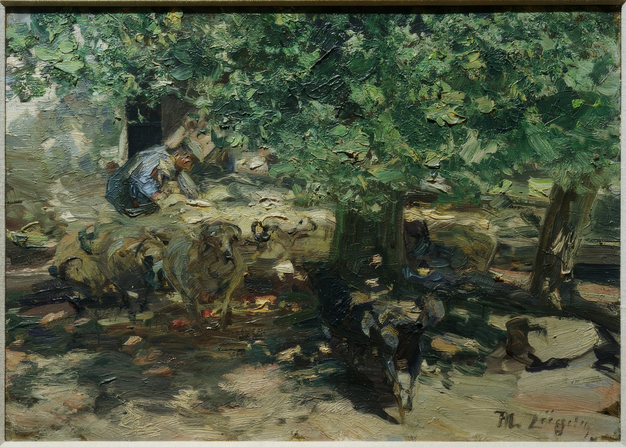 Ahırın önünde (koyun sürüsü ahıra girer) by Heinrich von Zügel