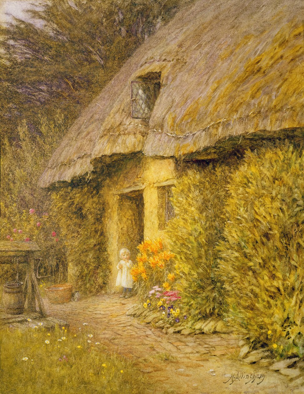 Sazdan Bir Kulübenin Kapısında Bir Çocuk by Helen Allingham
