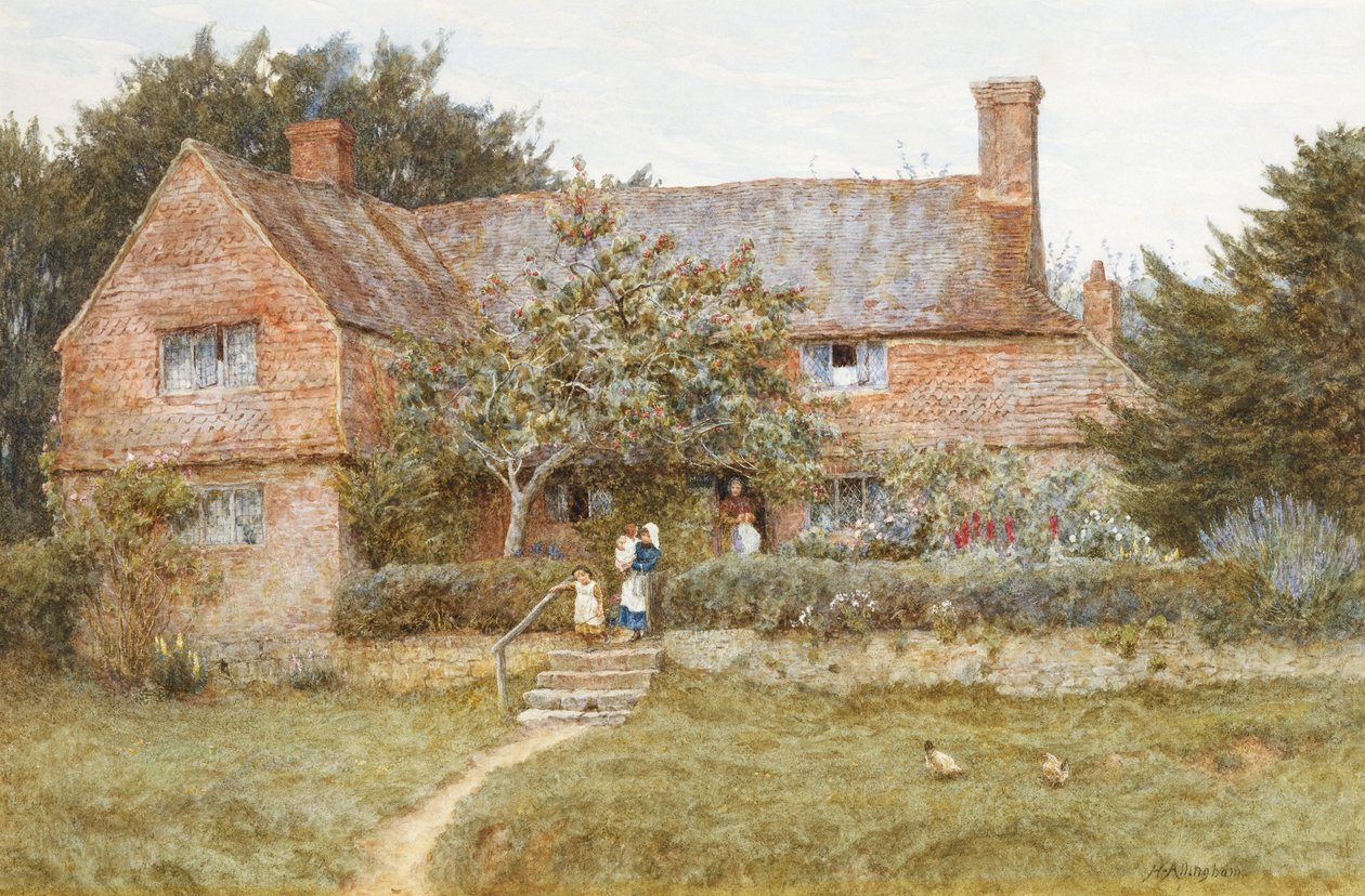 Bir Anne ve Çocukları ile Surrey Kulübesi by Helen Allingham