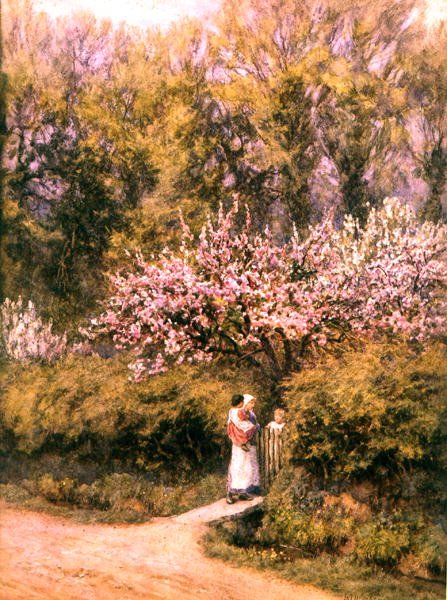 Kulübe Kapısı - Blossom Time (kağıt üzerine suluboya) by Helen Allingham