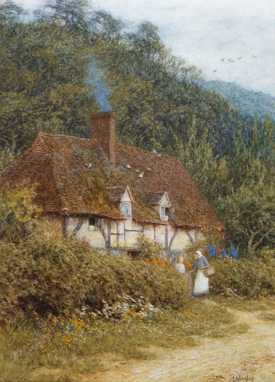 Witley, Surrey yakınlarındaki kır evi (kağıda kazıma ile suluboya) by Helen Allingham