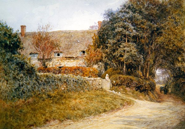 Güvercinleri beslemek (kağıt üzerine sulu boya) by Helen Allingham