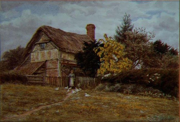 Laburnum Cottage: ördek besleyen bir kadın (suluboya) by Helen Allingham