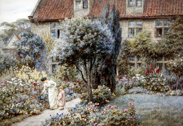 Manor Farm Garden, Yorkshire, c.1901 (kağıt üzerine suluboya) by Helen Allingham