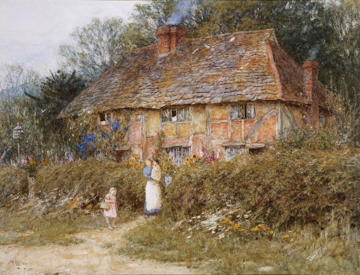 Old Surrey Cottage (kazıma ile sulu boya) by Helen Allingham