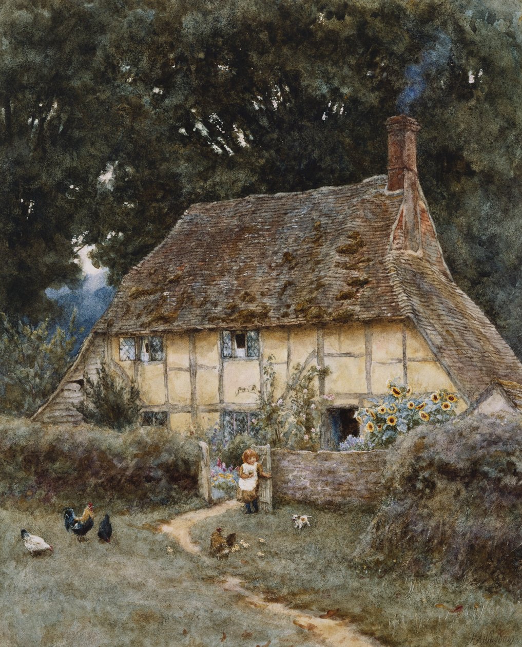 Brook Yolu üzerinde, Witley yakınlarında (kağıda kazıma ile suluboya) by Helen Allingham