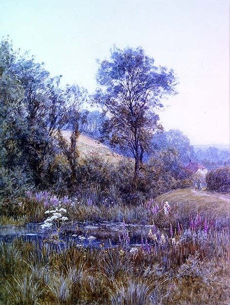 Göl kenarında çiçek toplamak by Helen Allingham