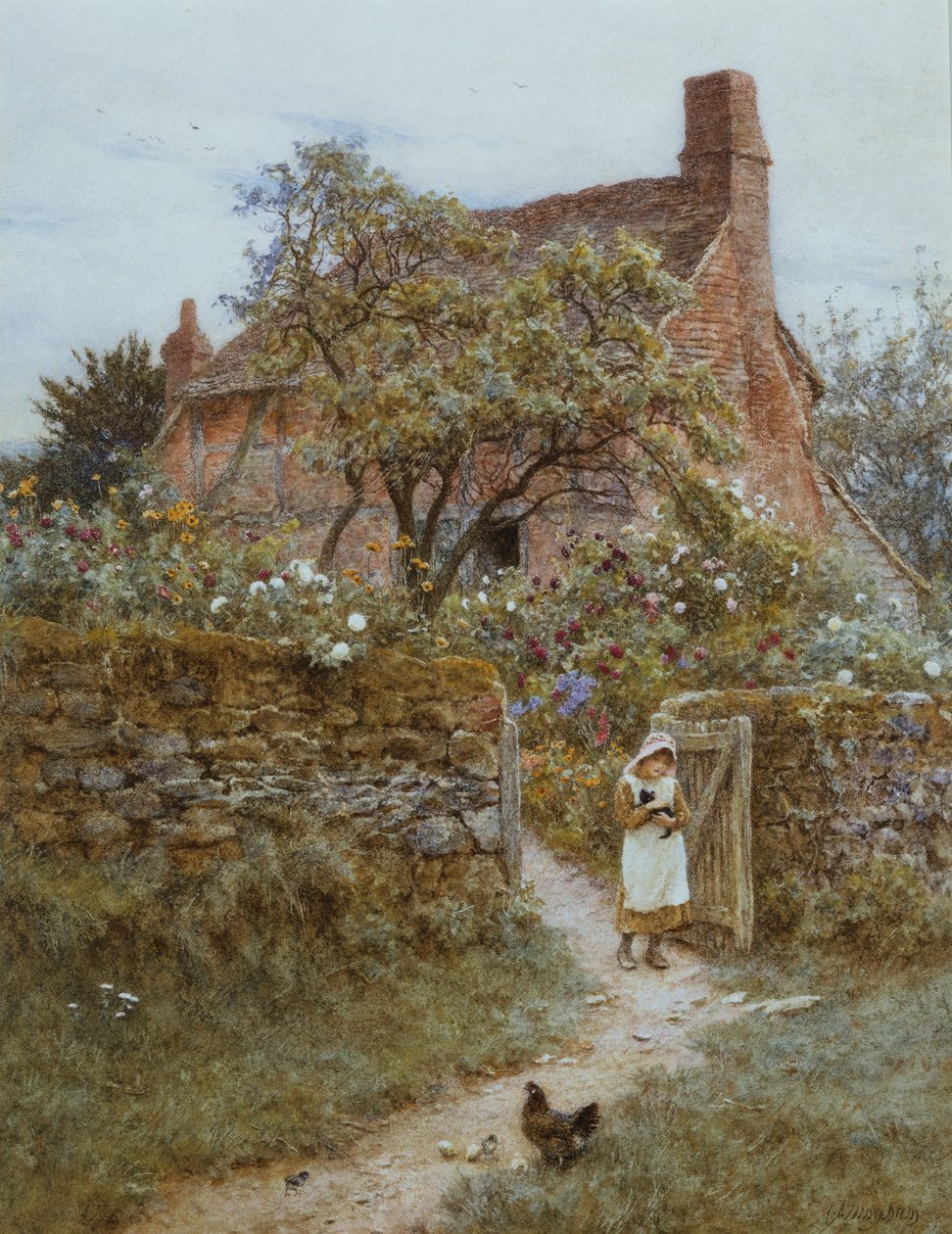 The Black Kitten (kazıma ile sulu boya) by Helen Allingham
