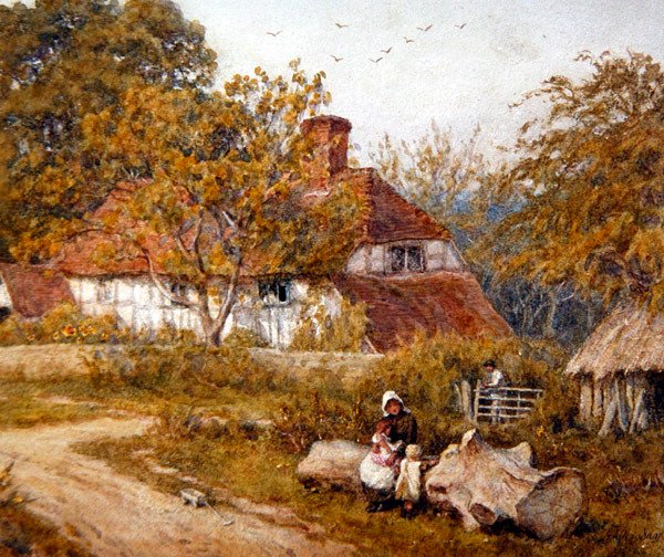 Aile Kulübesi (kağıt üzerine sulu boya) by Helen Allingham