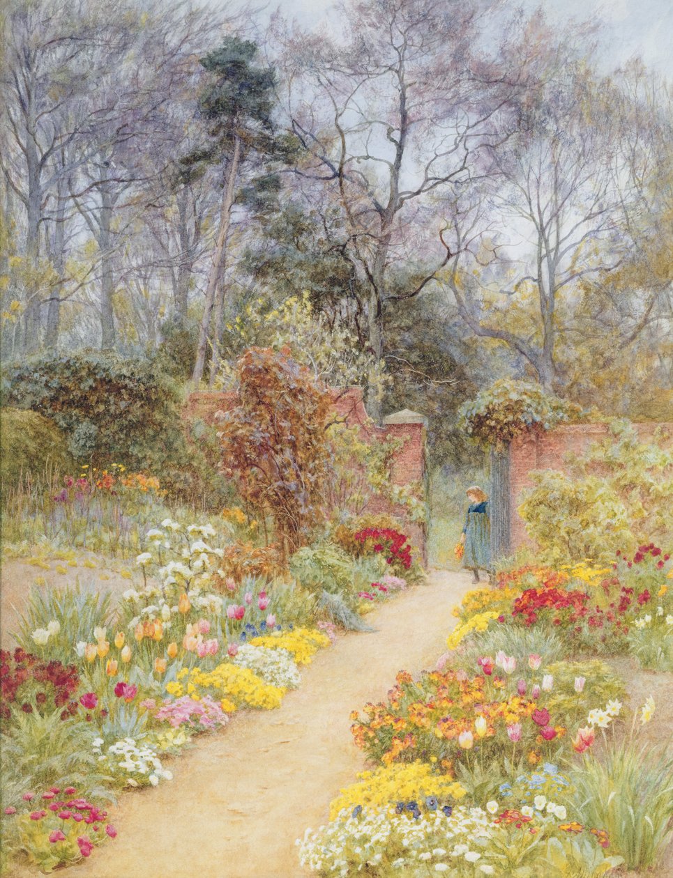 İlkbaharda duvarlı bahçe (kağıt üzerinde wc) by Helen Allingham