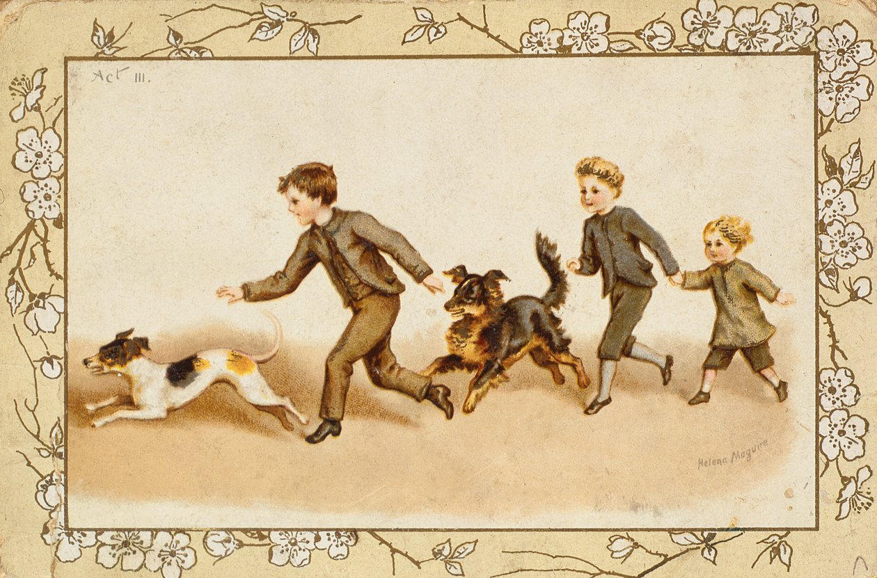 Köpekleriyle oynayan çocukları gösteren tebrik kartı by Helena J. Maguire