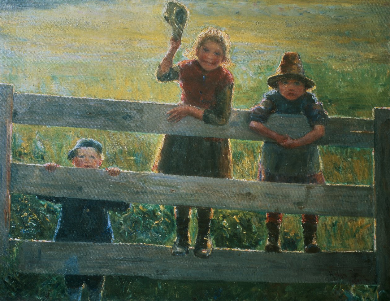 Kapıda üç küçük çocuk by Helga Ring Reusch