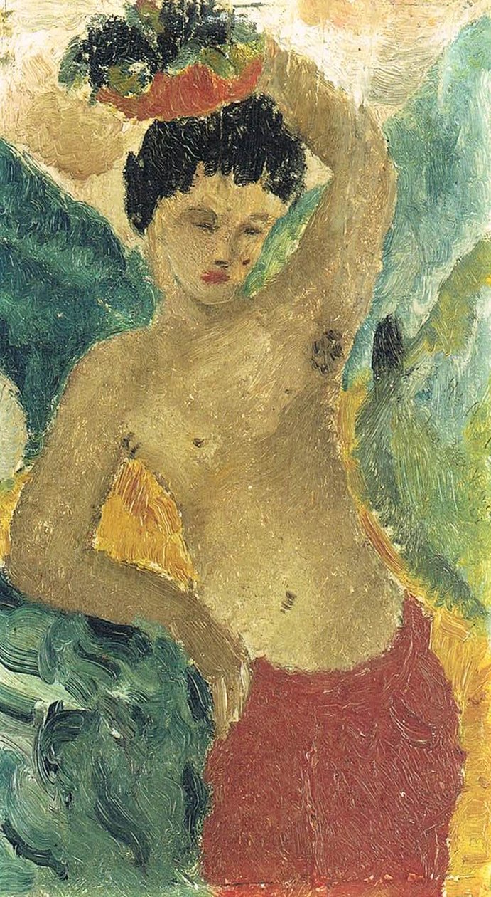 Kırmızı pantolon ve meyve sepeti ile duran çocuk by Helmut Kolle