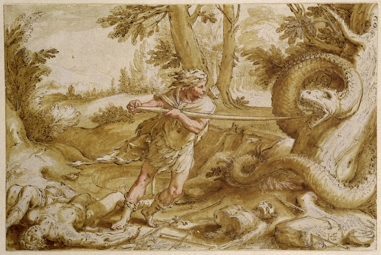 Cadmus bir ejderhaya saldırmak üzere (kahverengi yıkama ve beyaz vurgulama ile kalem ve mürekkep çizimi) by Hendrik Goltzius