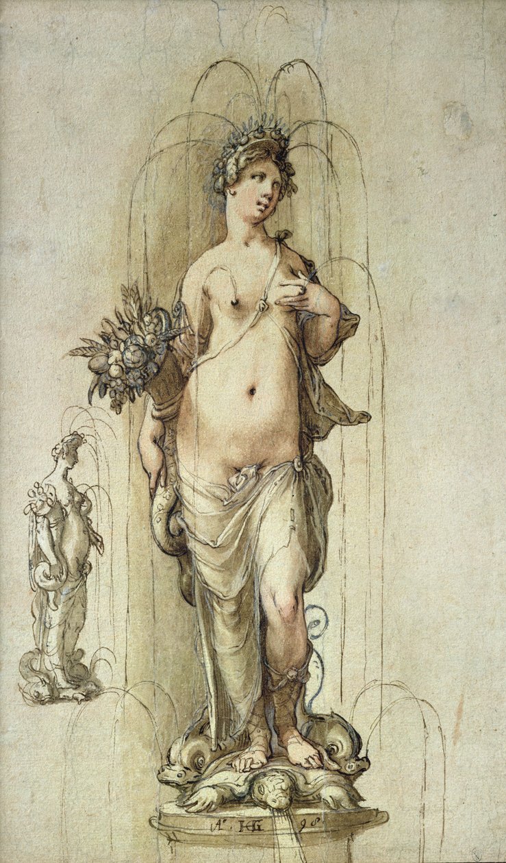Bolluk figürlü bir çeşme tasarımı, 1598 (kağıt üzerinde kalem ve kahverengi mürekkep ve wc) by Hendrik Goltzius