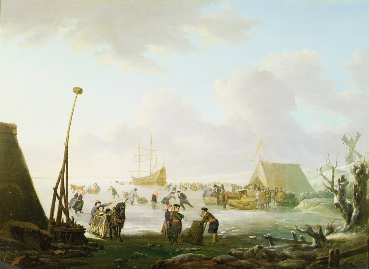 Buzda Kilitli Bir Gemi ile Kızaklar ve Patencilerle Kapsamlı Bir Manzara (panelde yağ) by Hendrick (manner of) Avercamp