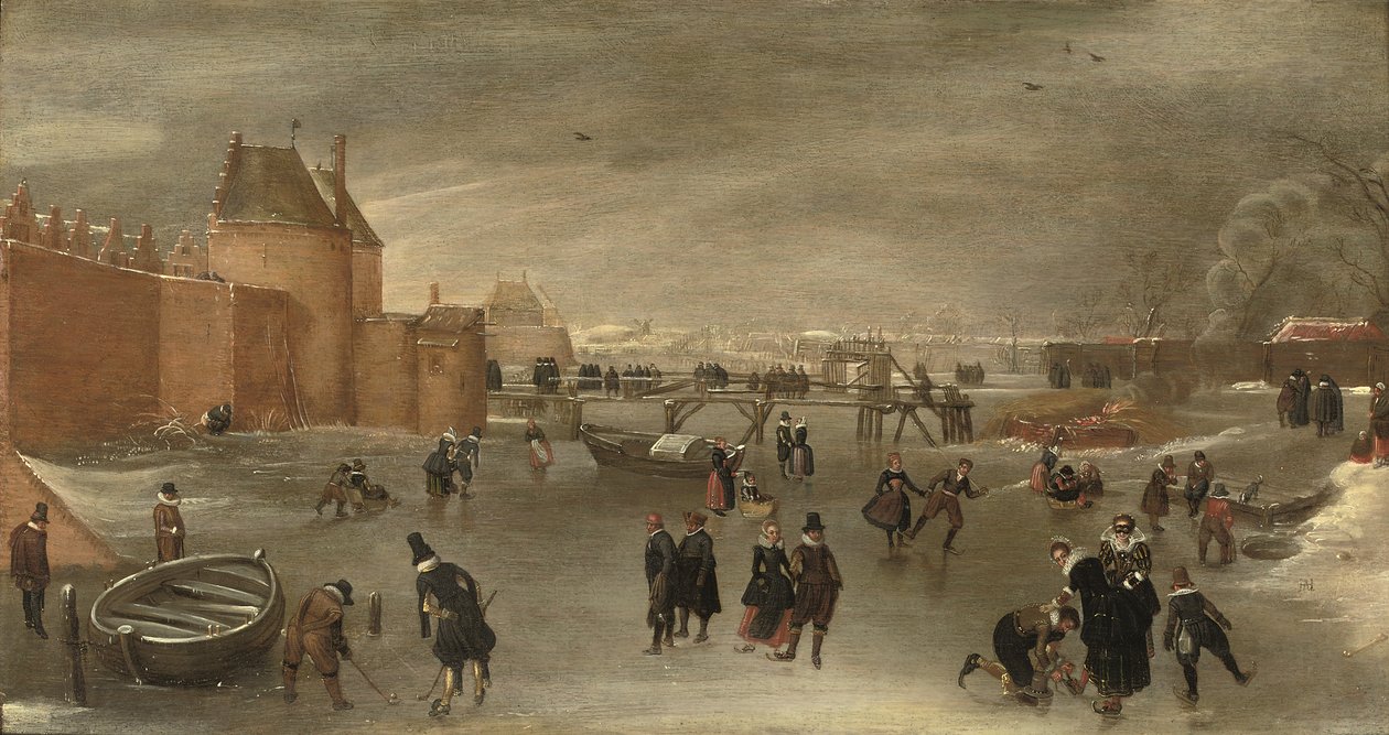 St. Janspoort şehir kapısının yakınında donmuş bir nehirde patenciler, kolf oyuncuları ve kızaklar, arka planda Kruispoort ve ötesinde Pembe değirmen, Haarlem (panelde yağ) by Hendrick Avercamp (studio of)