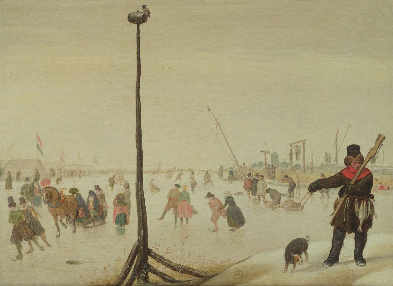 Bir kış manzarasında bir ördek avcısı ve köpeği (panel) by Hendrick Avercamp