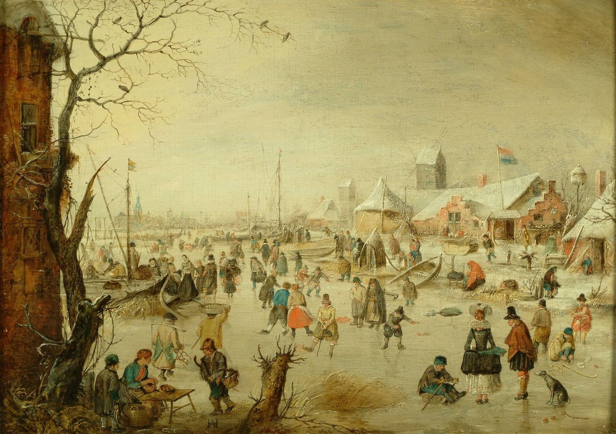 Hollandaca: Buz patencileri ile kış manzarası Buz üzerinde bir sahne by Hendrick Avercamp