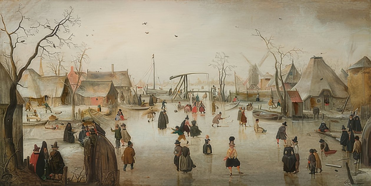 Bir şehirde buz pateni. 1610 civarında by Hendrick Avercamp