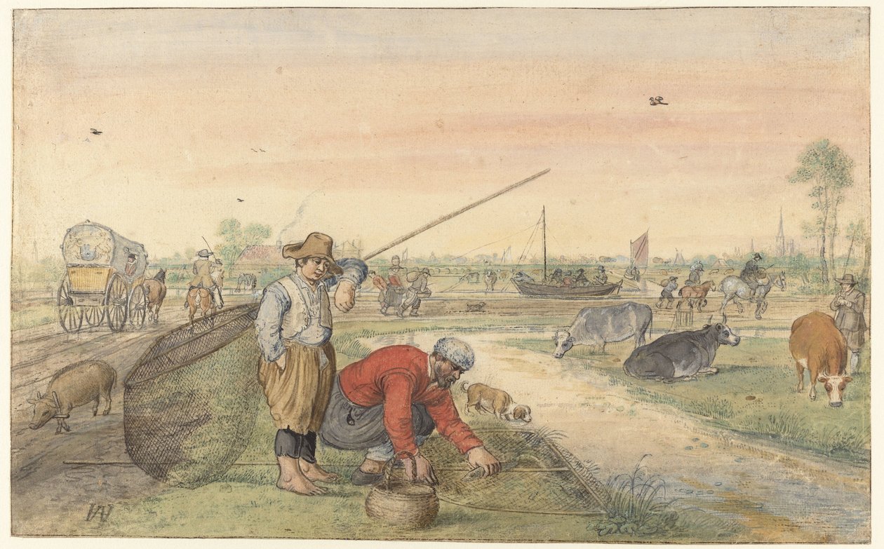 Hendek Yanında İki Yılan Balığı Balıkçısı ile Manzara by Hendrick Avercamp