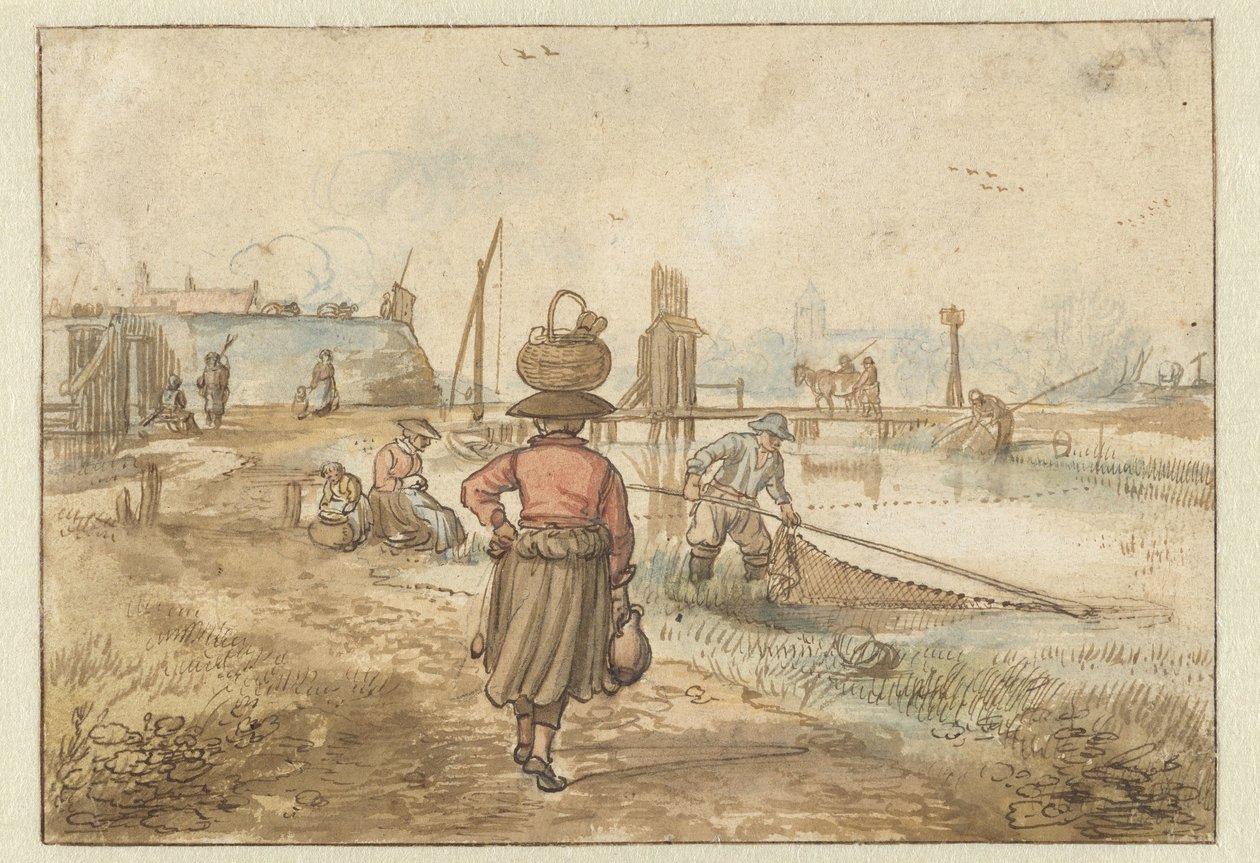 Kafasında Sepet Taşıyan Bir Kadınla Nehir Manzarası, Balıkçılar ve Bir Kasabanın Duvarlarına Yakın Diğer Figürler by Hendrick Avercamp